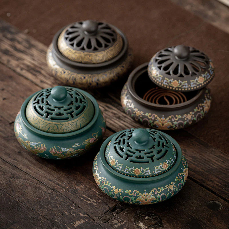 Bruciatore di incenso per meditazione in ceramica con motivo floreale a drago e fontana di fumo a riflusso - Image 2