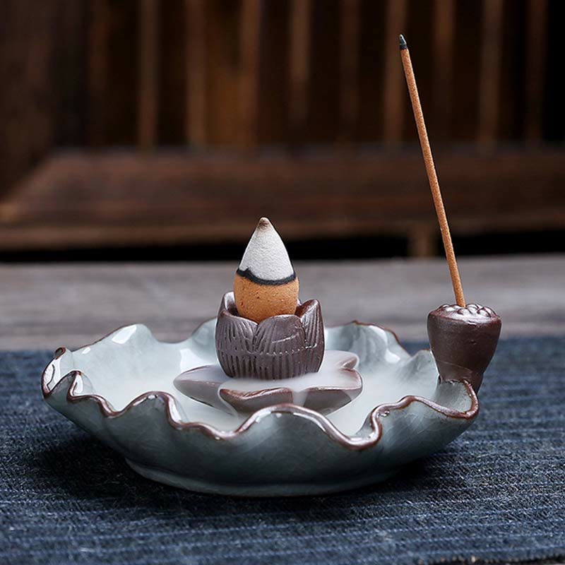 Bruciatore di incenso spirituale a riflusso quadrato in ceramica con fiore di prugna di loto - Image 3