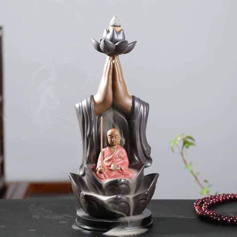 Buddha Avalokitesvara Chenrezig Ksitigarbha Ceramica Loto Benedizione Bruciatore di Incenso a Flusso Inverso - Image 12