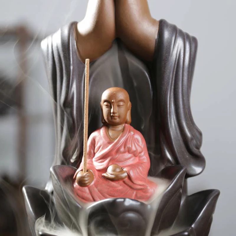 Buddha Avalokitesvara Chenrezig Ksitigarbha Ceramica Loto Benedizione Bruciatore di Incenso a Flusso Inverso - Image 13