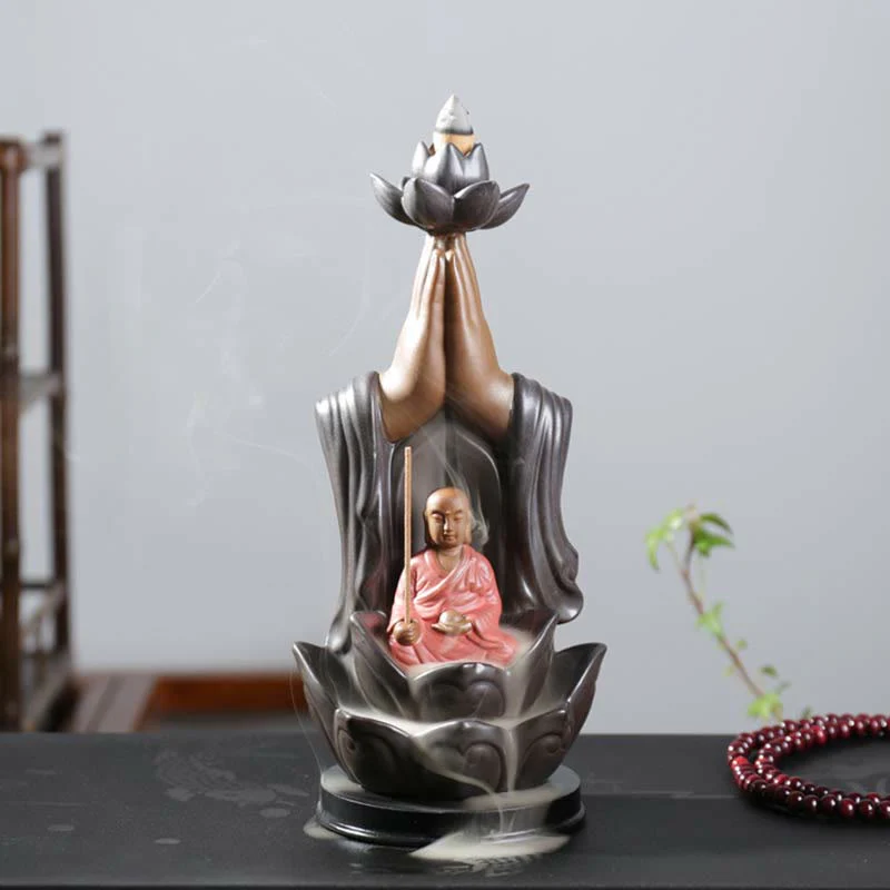 Buddha Avalokitesvara Chenrezig Ksitigarbha Ceramica Loto Benedizione Bruciatore di Incenso a Flusso Inverso - Image 14