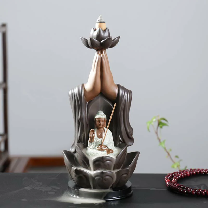 Buddha Avalokitesvara Chenrezig Ksitigarbha Ceramica Loto Benedizione Bruciatore di Incenso a Flusso Inverso - Image 6
