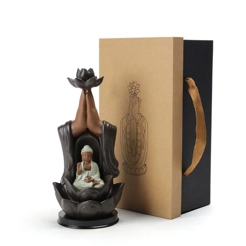 Buddha Avalokitesvara Chenrezig Ksitigarbha Ceramica Loto Benedizione Bruciatore di Incenso a Flusso Inverso - Image 8