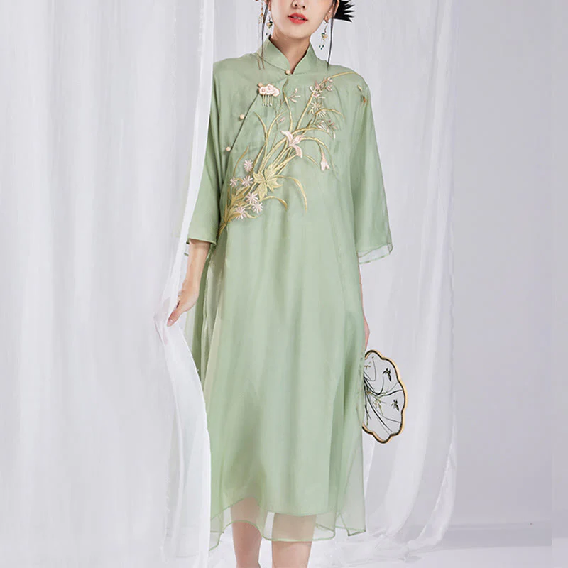 Buddha Stones 100% seta di gelso 6 momme abito vintage fiore farfalla ricamo qipao abito cheongsam da donna - Image 10
