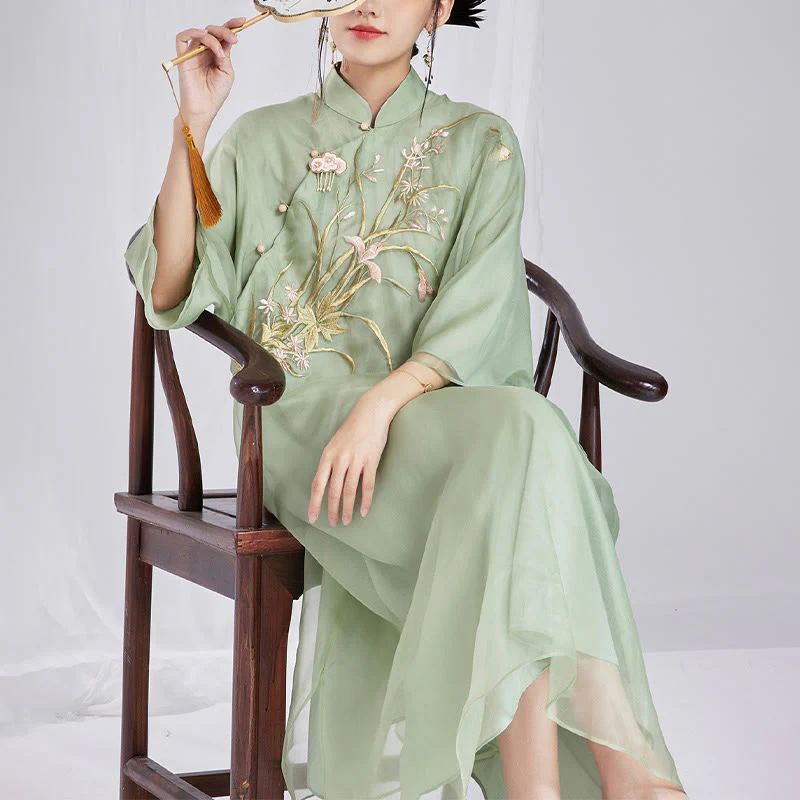 Buddha Stones 100% seta di gelso 6 momme abito vintage fiore farfalla ricamo qipao abito cheongsam da donna - Image 11