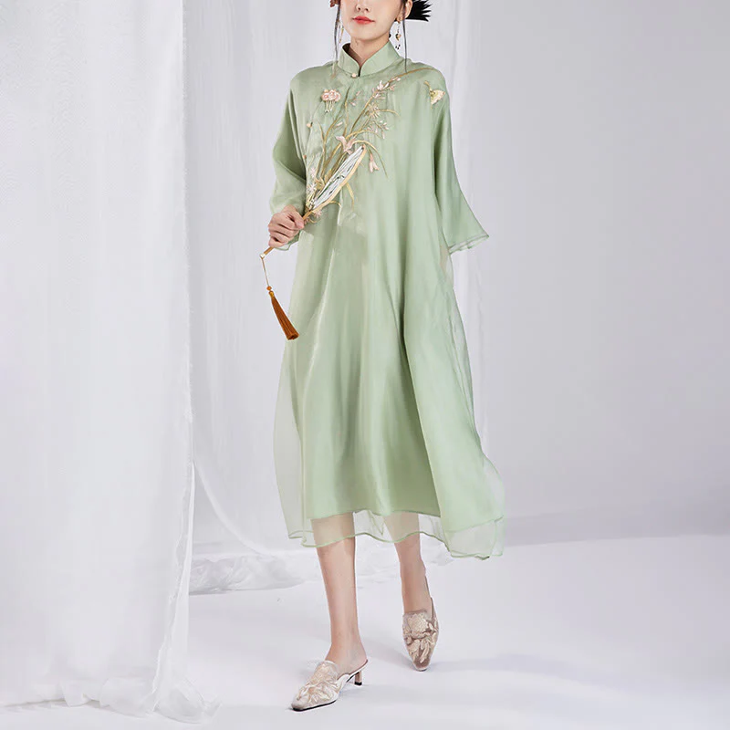 Buddha Stones 100% seta di gelso 6 momme abito vintage fiore farfalla ricamo qipao abito cheongsam da donna - Image 12