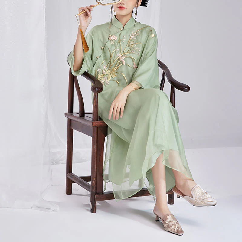 Buddha Stones 100% seta di gelso 6 momme abito vintage fiore farfalla ricamo qipao abito cheongsam da donna - Image 14
