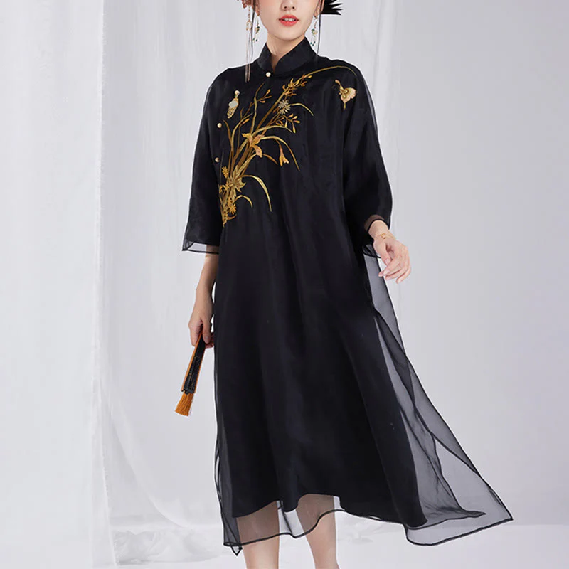 Buddha Stones 100% seta di gelso 6 momme abito vintage fiore farfalla ricamo qipao abito cheongsam da donna - Image 15