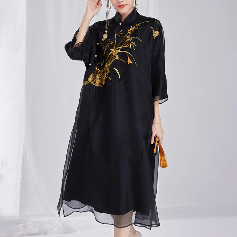 Buddha Stones 100% seta di gelso 6 momme abito vintage fiore farfalla ricamo qipao abito cheongsam da donna - Image 16