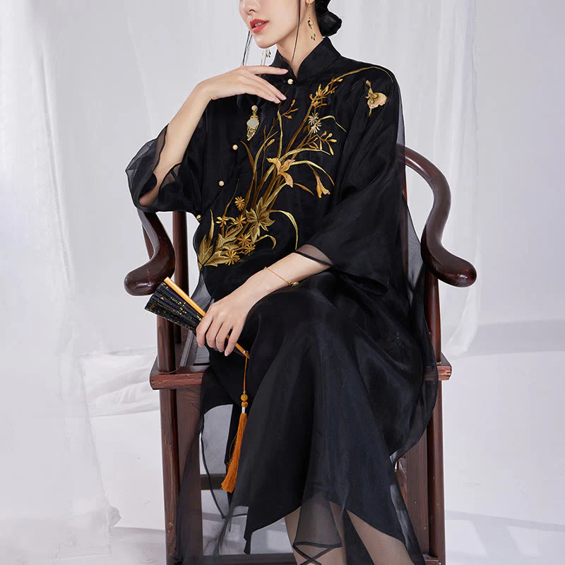 Buddha Stones 100% seta di gelso 6 momme abito vintage fiore farfalla ricamo qipao abito cheongsam da donna - Image 17