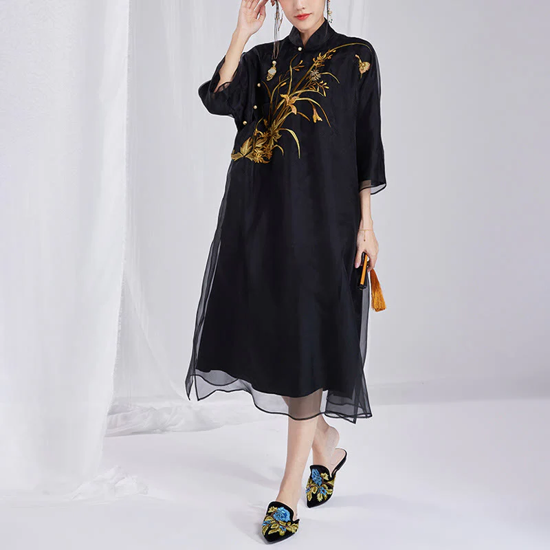 Buddha Stones 100% seta di gelso 6 momme abito vintage fiore farfalla ricamo qipao abito cheongsam da donna - Image 18