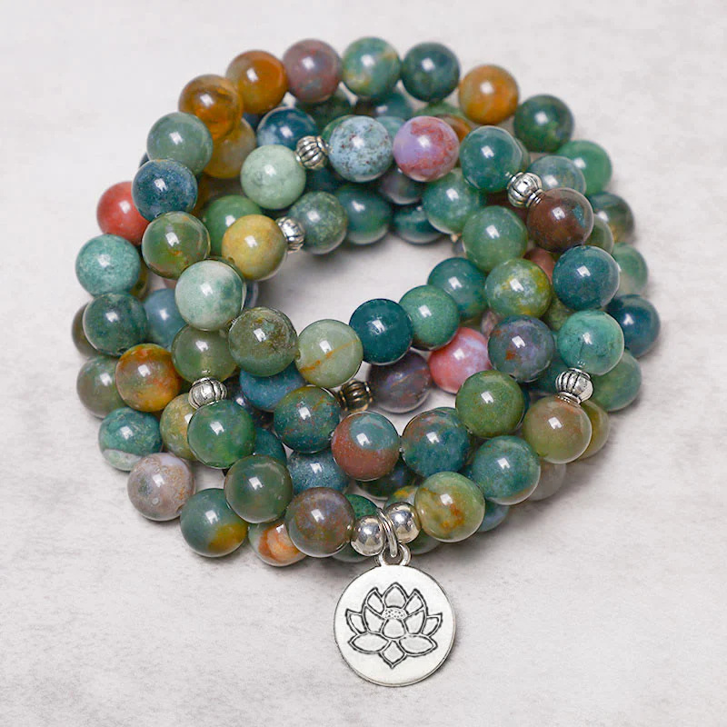 Buddha Stones 108 Mala Beads Agata indiana Loto OM Buddha Albero della vita Braccialetto di calma positiva