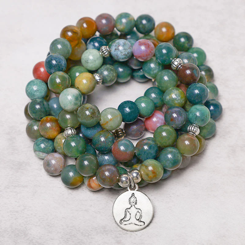 Buddha Stones 108 Mala Beads Agata indiana Loto OM Buddha Albero della vita Braccialetto di calma positiva - Image 5