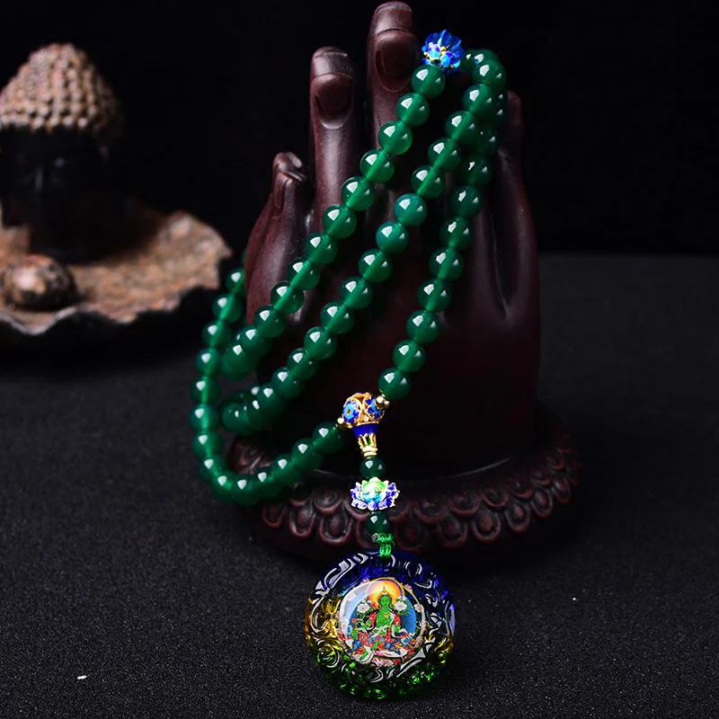 Buddha Stones 108 Mala Beads Agata verde naturale Bodhisattva Tara verde Braccialetto con ciondolo di manifestazione - Image 3