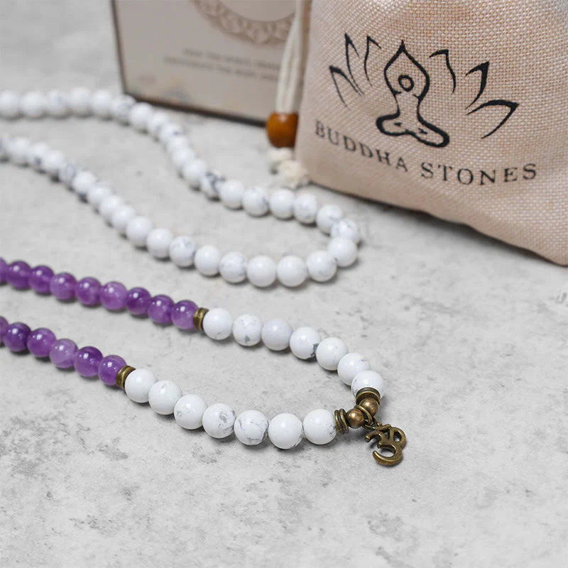 Buddha Stones 108 Mala Beads Ametista Bianco Turchese OM Braccialetto energetico per meditazione curativa - Image 8