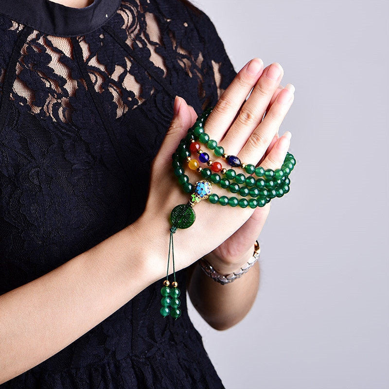 Buddha Stones 108 Mala Beads Braccialetto di supporto energetico in agata verde naturale - Image 3