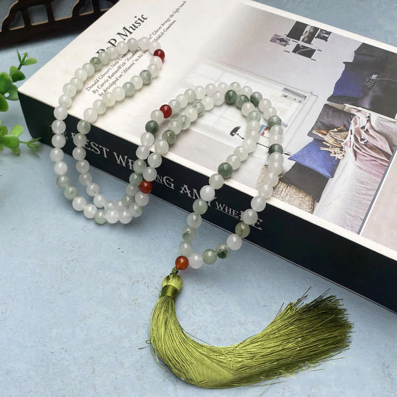 Buddha Stones 108 Mala Beads Braccialetto portafortuna con nappa in giada naturale Tianshan - Image 5