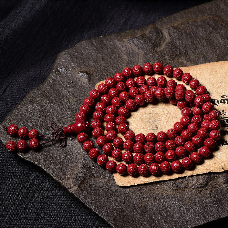 Buddha Stones 108 Mala Beads Cinnabar Om Mani Padme Hum Pattern Braccialetto di benedizione inciso - Image 10