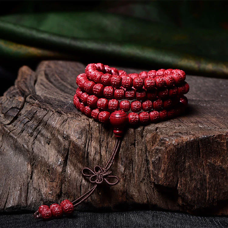 Buddha Stones 108 Mala Beads Cinnabar Om Mani Padme Hum Pattern Braccialetto di benedizione inciso - Image 14
