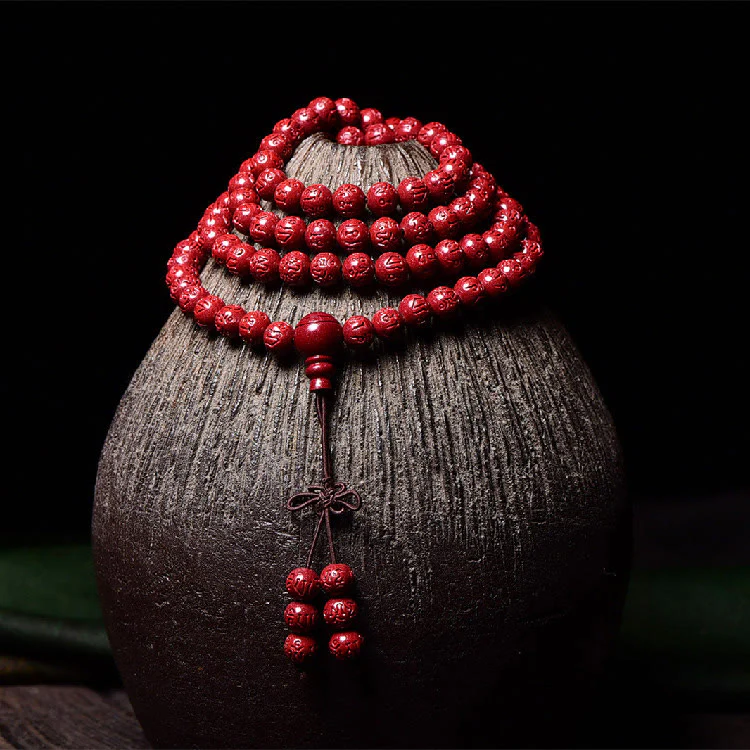 Buddha Stones 108 Mala Beads Cinnabar Om Mani Padme Hum Pattern Braccialetto di benedizione inciso - Image 8