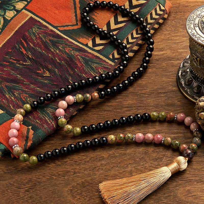 Buddha Stones 108 Mala Beads Diaspro Nero Rodonite Khaki Tassel Braccialetto di Guarigione - Image 2