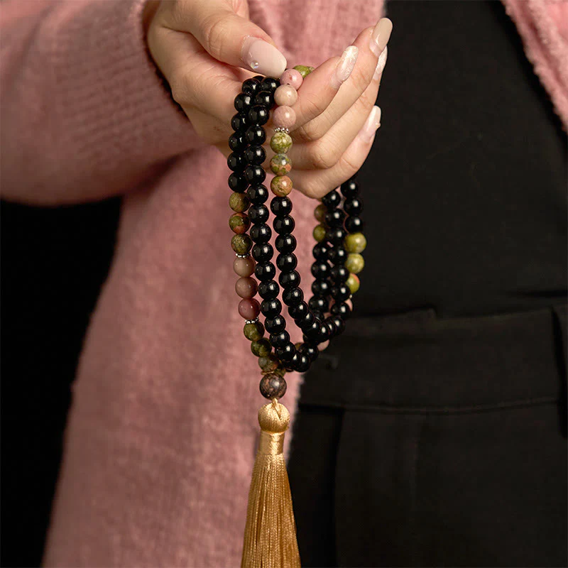 Buddha Stones 108 Mala Beads Diaspro Nero Rodonite Khaki Tassel Braccialetto di Guarigione - Image 3