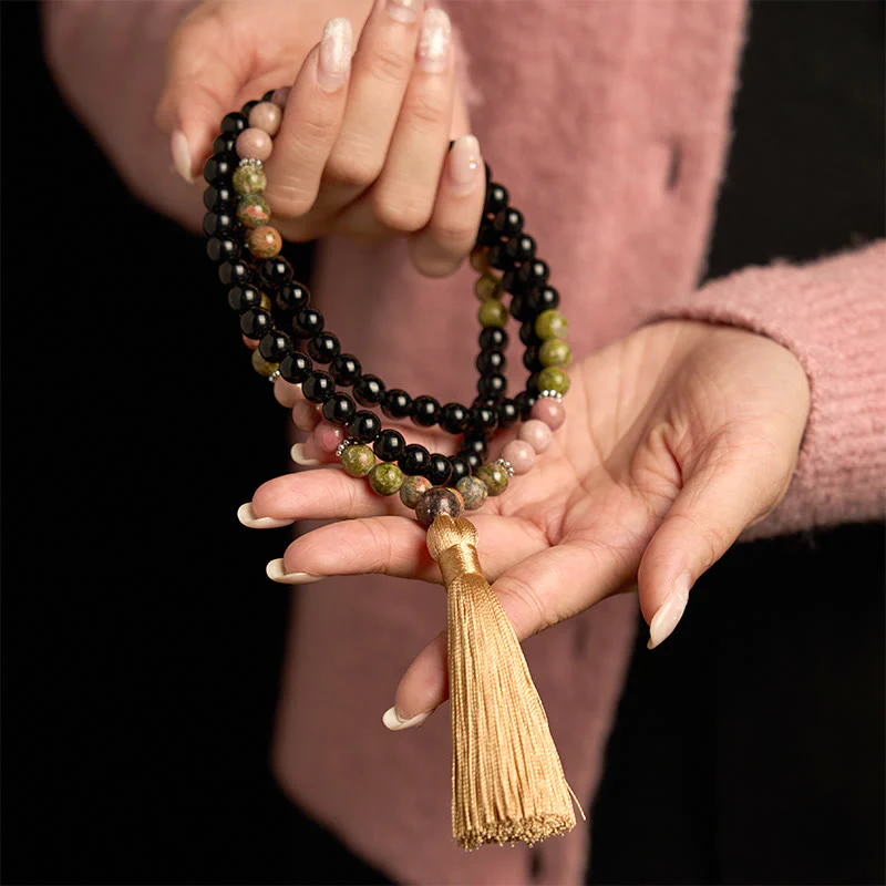 Buddha Stones 108 Mala Beads Diaspro Nero Rodonite Khaki Tassel Braccialetto di Guarigione - Image 4