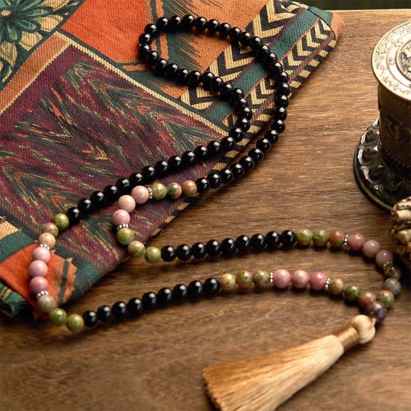 Buddha Stones 108 Mala Beads Diaspro Nero Rodonite Khaki Tassel Braccialetto di Guarigione - Image 6