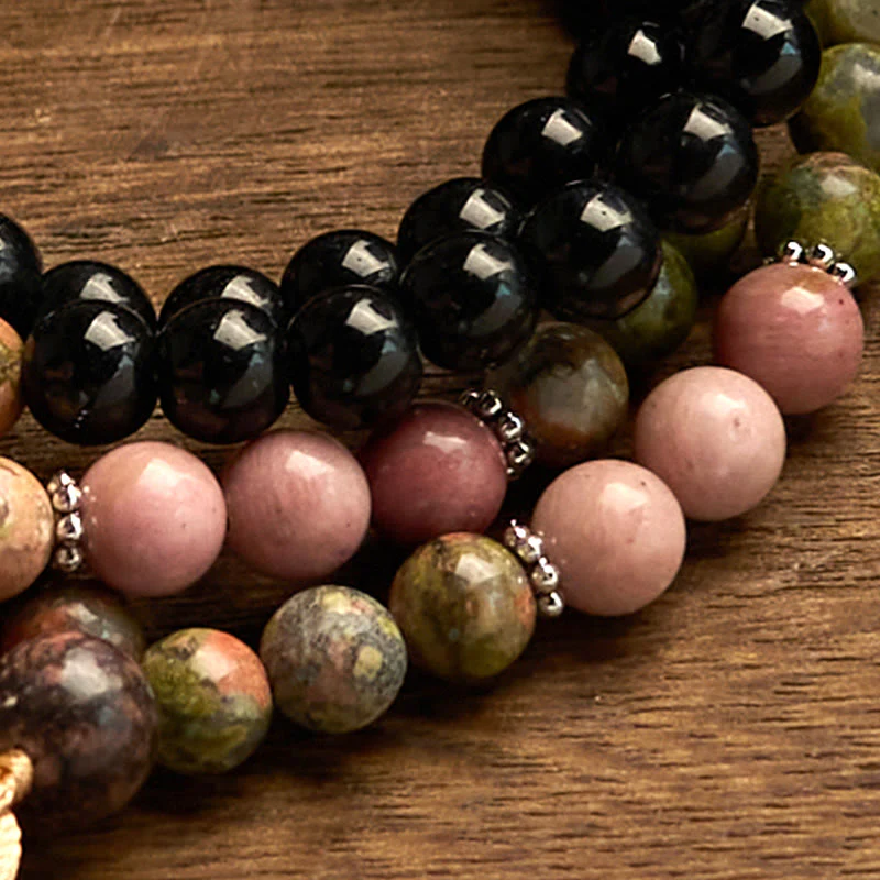 Buddha Stones 108 Mala Beads Diaspro Nero Rodonite Khaki Tassel Braccialetto di Guarigione - Image 7