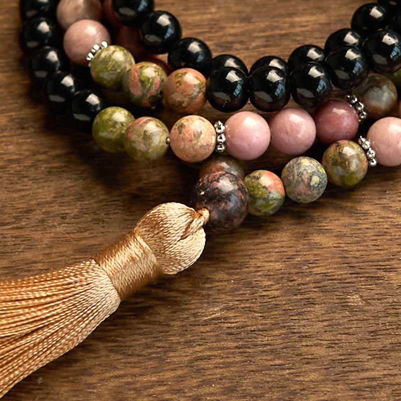 Buddha Stones 108 Mala Beads Diaspro Nero Rodonite Khaki Tassel Braccialetto di Guarigione - Image 8