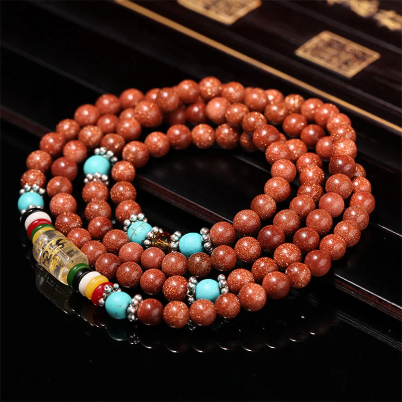 Buddha Stones 108 Mala Beads Goldstone Om Mani Padme Hum Swastika Braccialetto di Fiducia - Image 7