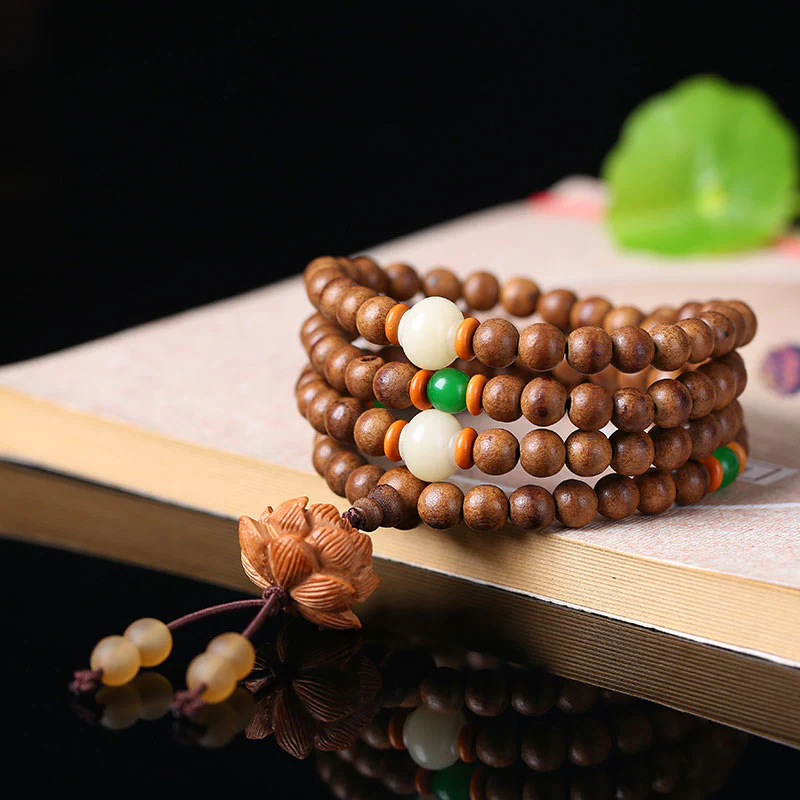 Buddha Stones 108 Mala Beads Legno di Pesca Bodhi Seed Lotus Preghiera Meditazione Bracciale - Image 2