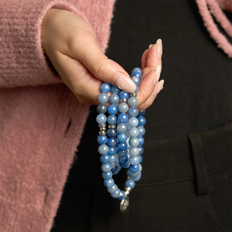 Buddha Stones 108 Mala Beads Multistrato Naturale Blu Aventurina Lotus Bracciale Calma - Image 3