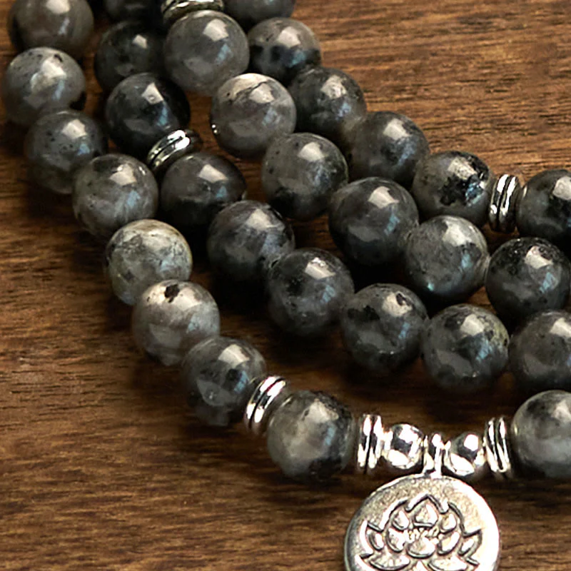 Buddha Stones 108 Mala Beads Multistrato Naturale Nero Glitter Pietra Braccialetto Positività Loto - Image 5