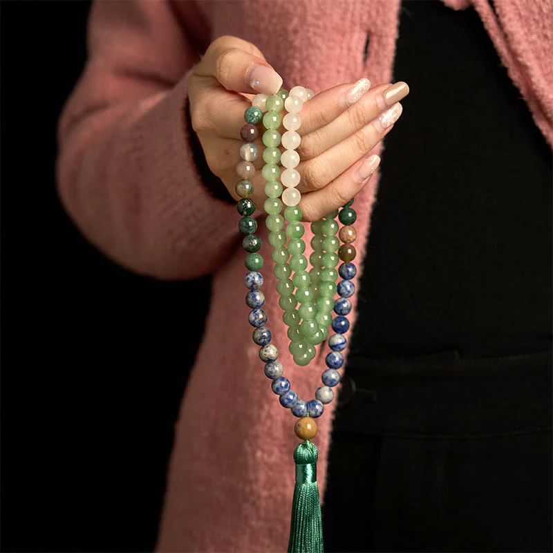 Buddha Stones 108 Mala Beads Natural Green Aventurina Blue Spot Jasper Agata indiana Green Tassel Bracciale portafortuna - Image 3
