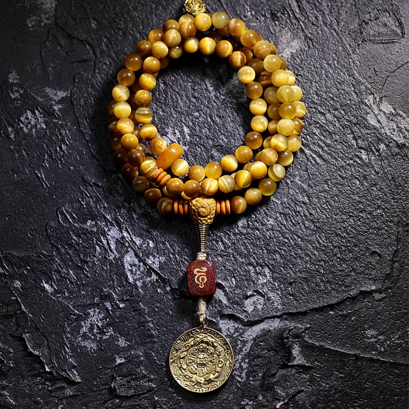 Buddha Stones 108 Mala Beads Natural Tiger Eye Rame Dorje Protezione Nappa Bracciale - Image 13