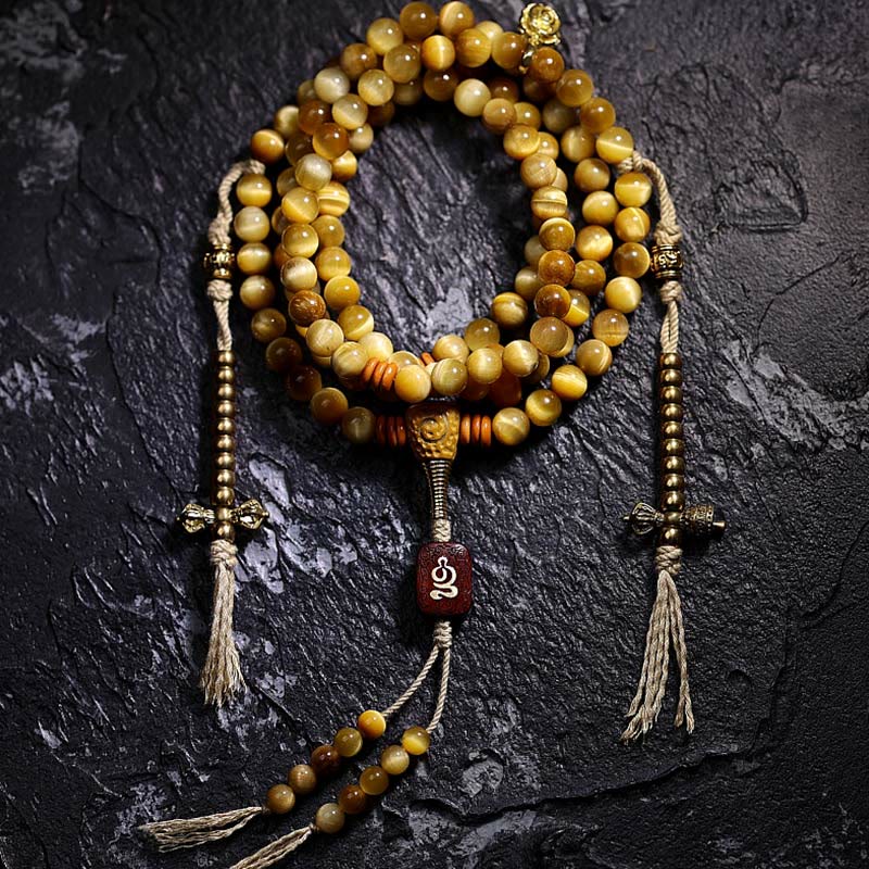 Buddha Stones 108 Mala Beads Natural Tiger Eye Rame Dorje Protezione Nappa Bracciale - Image 20