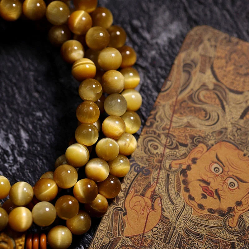 Buddha Stones 108 Mala Beads Natural Tiger Eye Rame Dorje Protezione Nappa Bracciale - Image 22