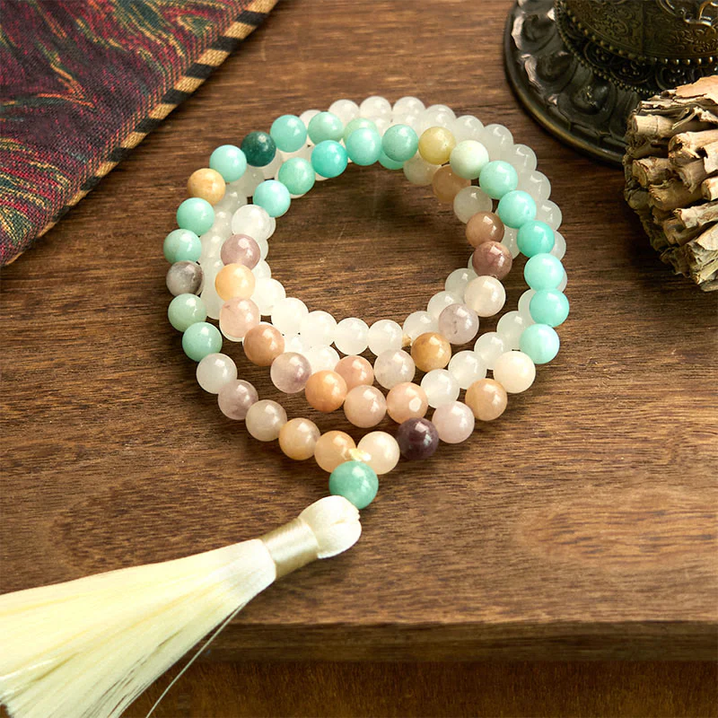 Buddha Stones 108 Mala Beads Natural White Jade Amazzonite White Tassel Braccialetto curativo