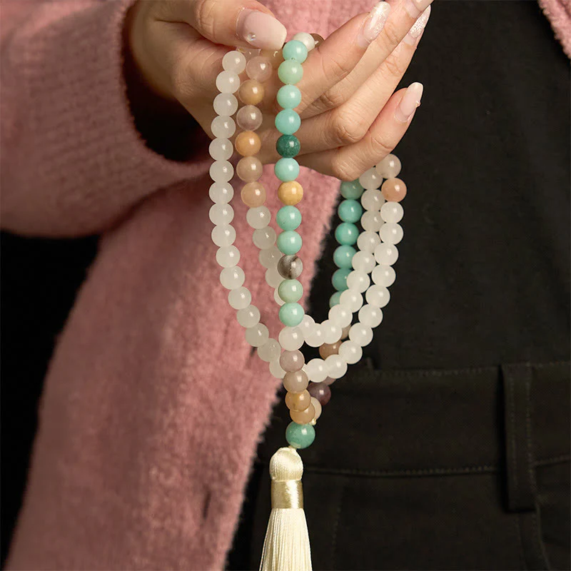 Buddha Stones 108 Mala Beads Natural White Jade Amazzonite White Tassel Braccialetto curativo - Image 3