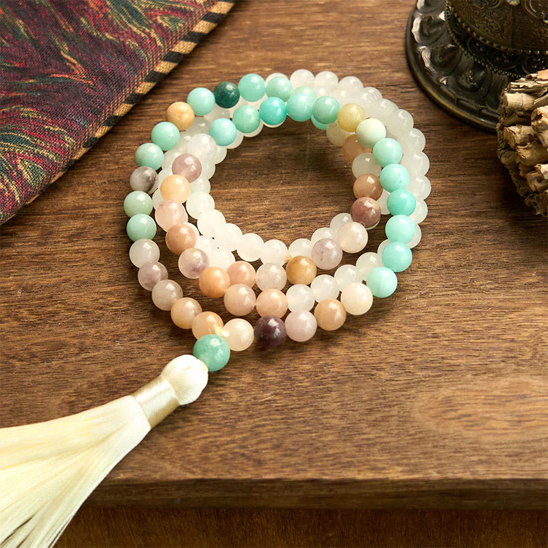 Buddha Stones 108 Mala Beads Natural White Jade Amazzonite White Tassel Braccialetto curativo - Image 7