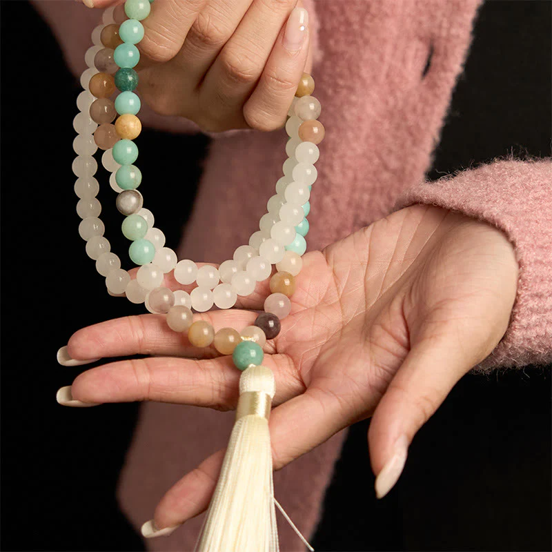 Buddha Stones 108 Mala Beads Natural White Jade Amazzonite White Tassel Braccialetto curativo - Image 8