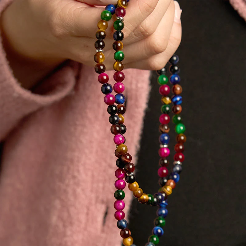 Buddha Stones 108 Mala Beads Naturali Occhio di Tigre Colorato Braccialetto di Protezione Multi-giro - Image 5
