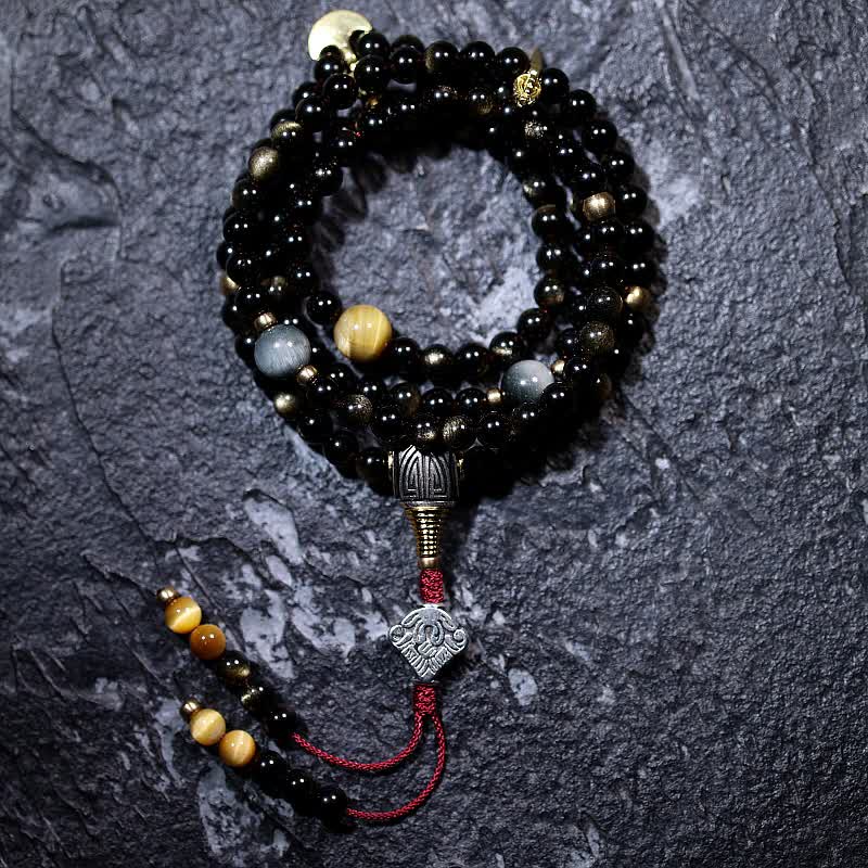 Buddha Stones 108 Mala Beads Oro Lucente Ossidiana Occhio di Tigre Pietra Occhio d'Aquila Bracciale della Ricchezza - Image 14