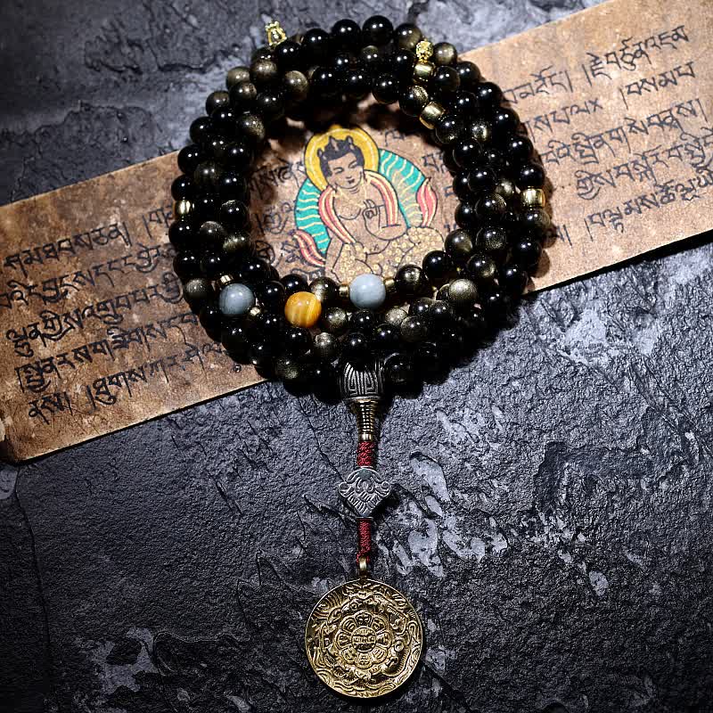 Buddha Stones 108 Mala Beads Oro Lucente Ossidiana Occhio di Tigre Pietra Occhio d'Aquila Bracciale della Ricchezza - Image 20