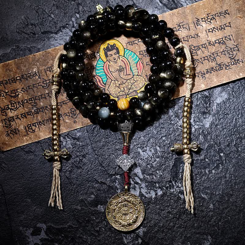 Buddha Stones 108 Mala Beads Oro Lucente Ossidiana Occhio di Tigre Pietra Occhio d'Aquila Bracciale della Ricchezza - Image 22