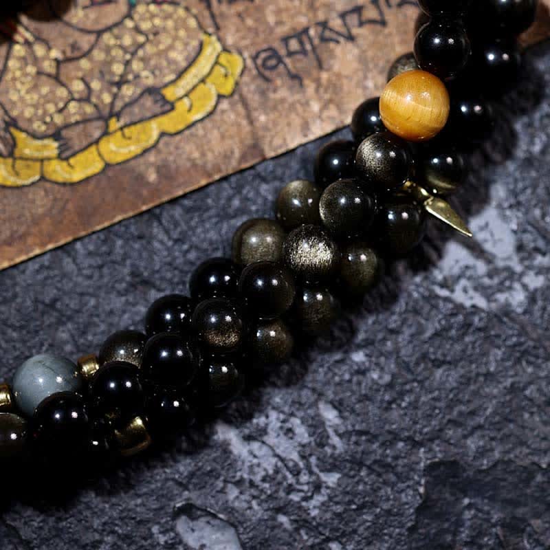 Buddha Stones 108 Mala Beads Oro Lucente Ossidiana Occhio di Tigre Pietra Occhio d'Aquila Bracciale della Ricchezza - Image 25