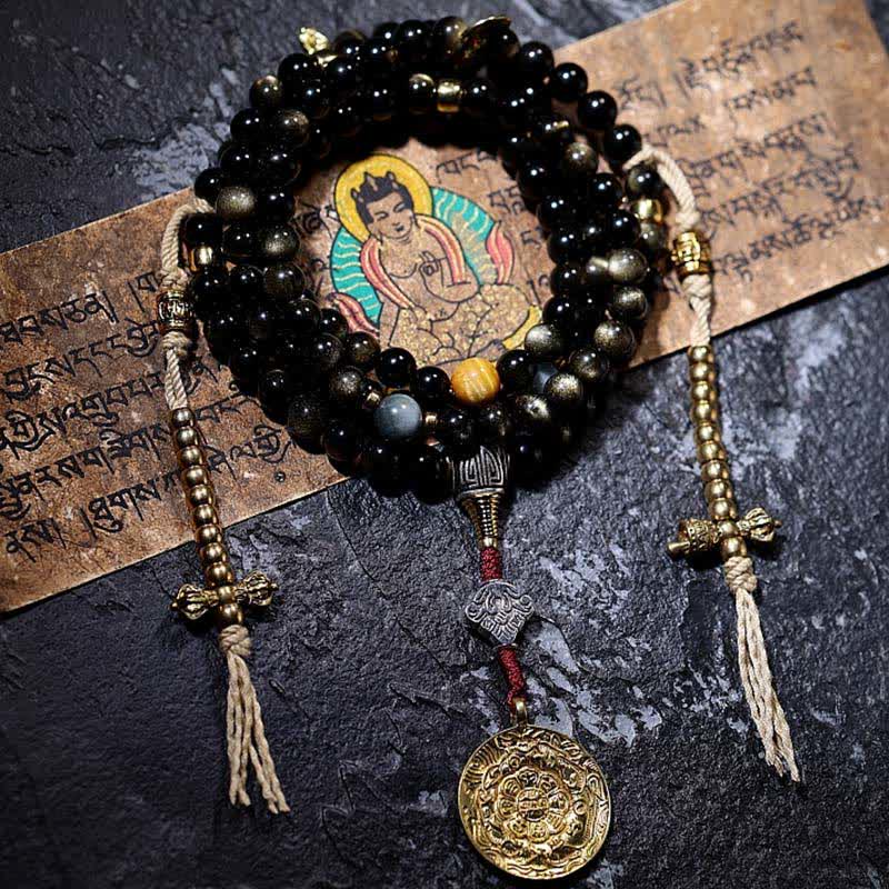Buddha Stones 108 Mala Beads Oro Lucente Ossidiana Occhio di Tigre Pietra Occhio d'Aquila Bracciale della Ricchezza - Image 27