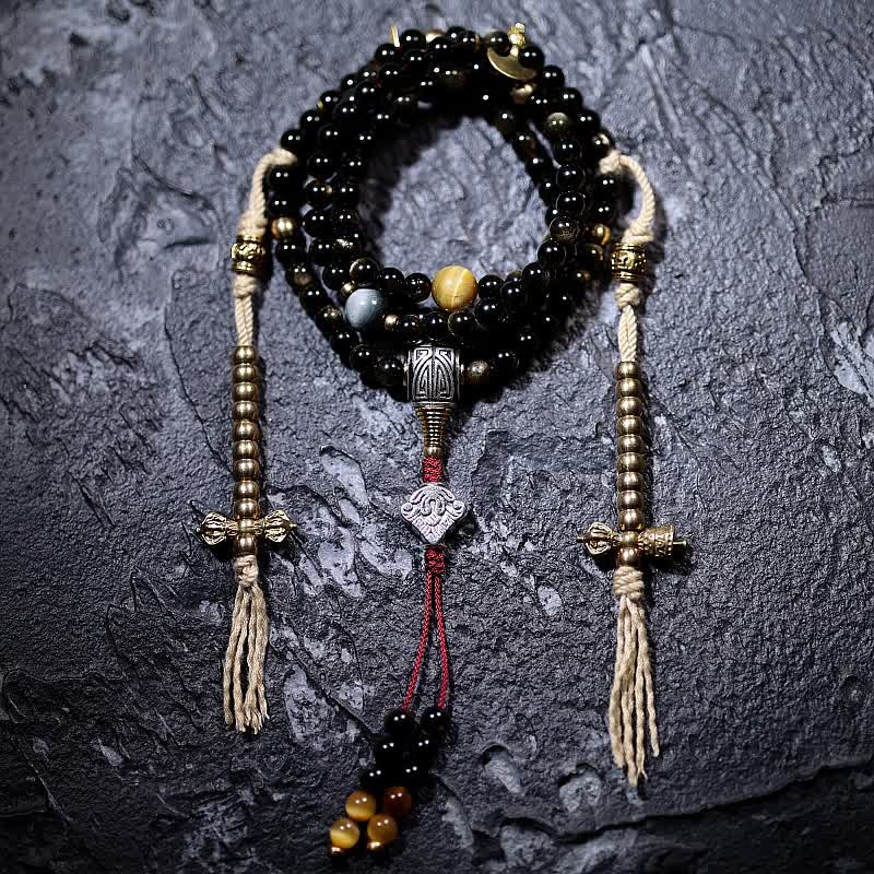 Buddha Stones 108 Mala Beads Oro Lucente Ossidiana Occhio di Tigre Pietra Occhio d'Aquila Bracciale della Ricchezza - Image 5