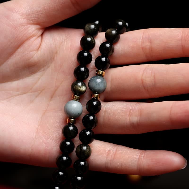 Buddha Stones 108 Mala Beads Oro Lucente Ossidiana Occhio di Tigre Pietra Occhio d'Aquila Bracciale della Ricchezza - Image 6